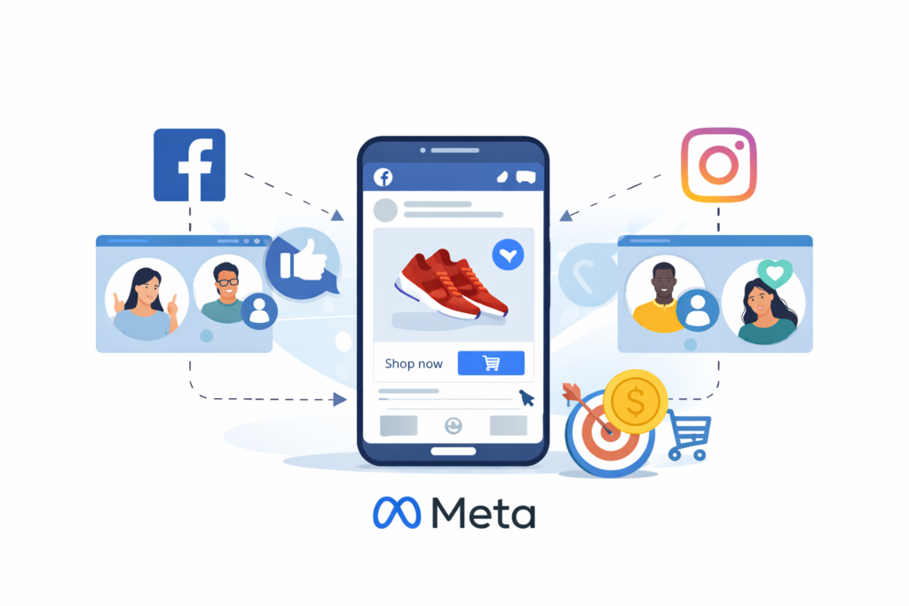Illustratie van Meta adverteren met campagnes, doelgroep targeting en conversietracking via Facebook en Instagram advertenties